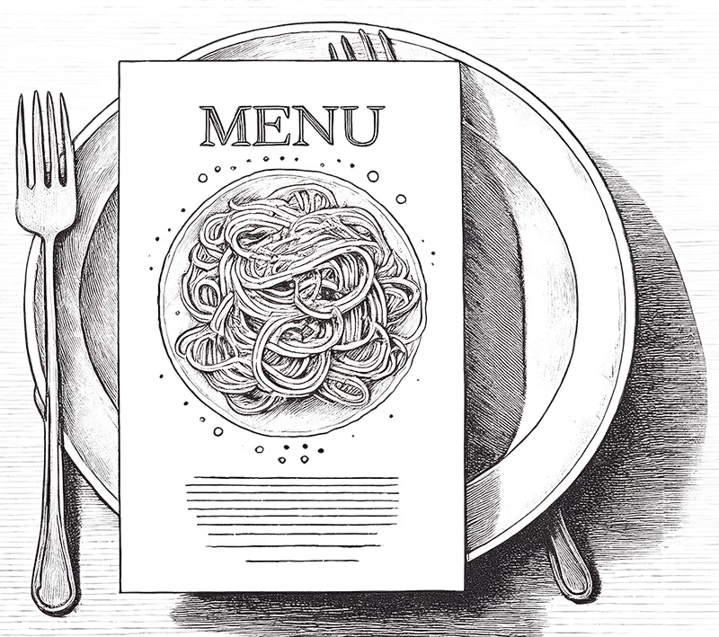 Cardápio ilustrado da Casa Maria sobre uma mesa posta